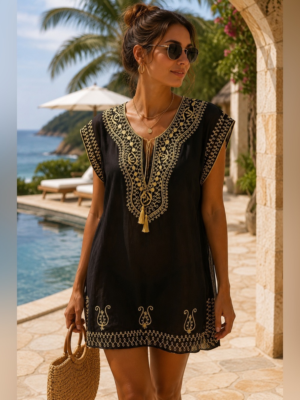 Prevette Black Gold Embroidered Tunic Cover Up Dress Sz L (20) Boho Resort Beach